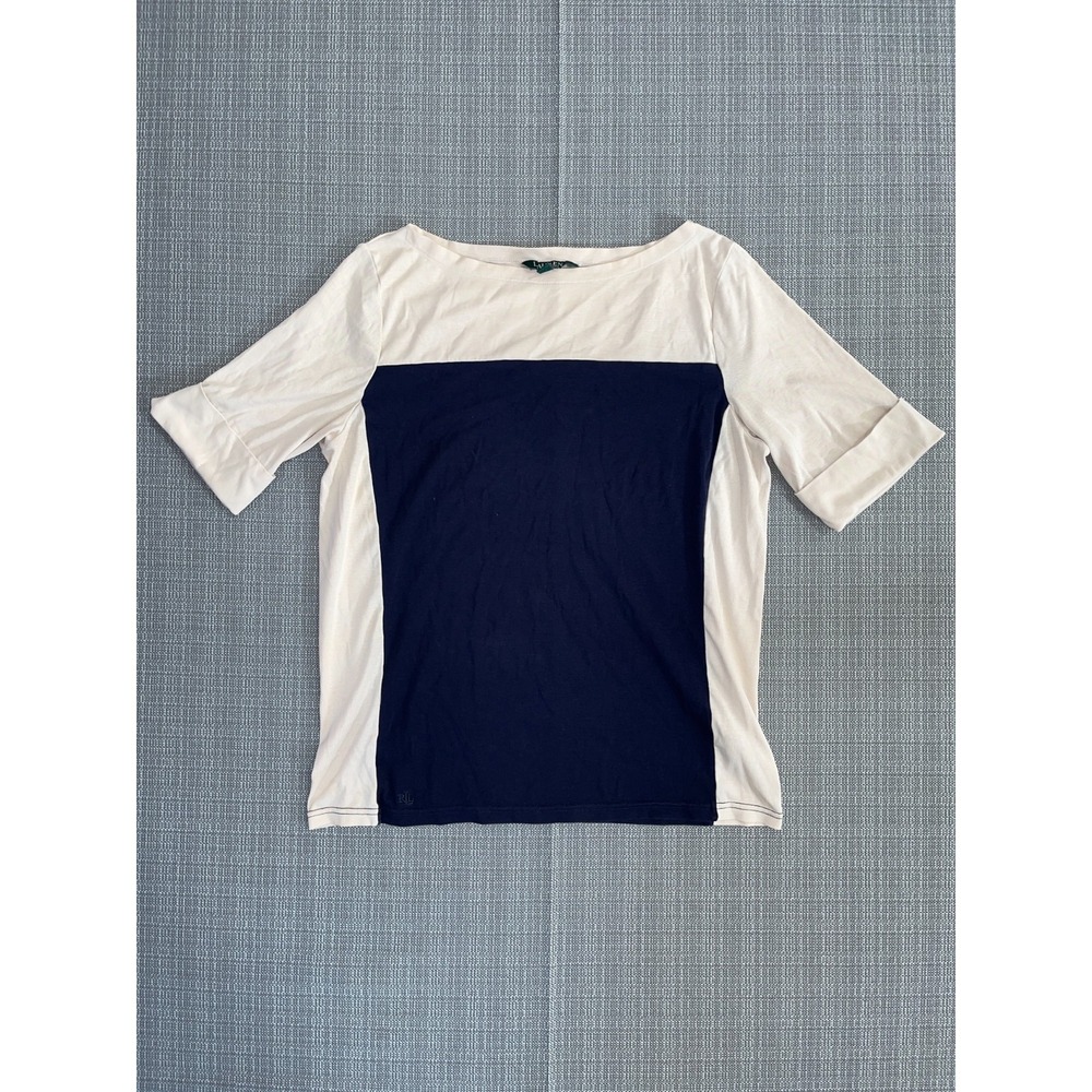 Lauren Ralph Lauren T Shirt Boys XL Beige Blue Cotton Stretch Boat Neck Casual‎
